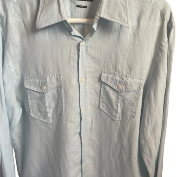 BOSS Hugo Boss Light Blue Button-Down Linen Shirt. Slim  Size: XL - Picture 3 of 15